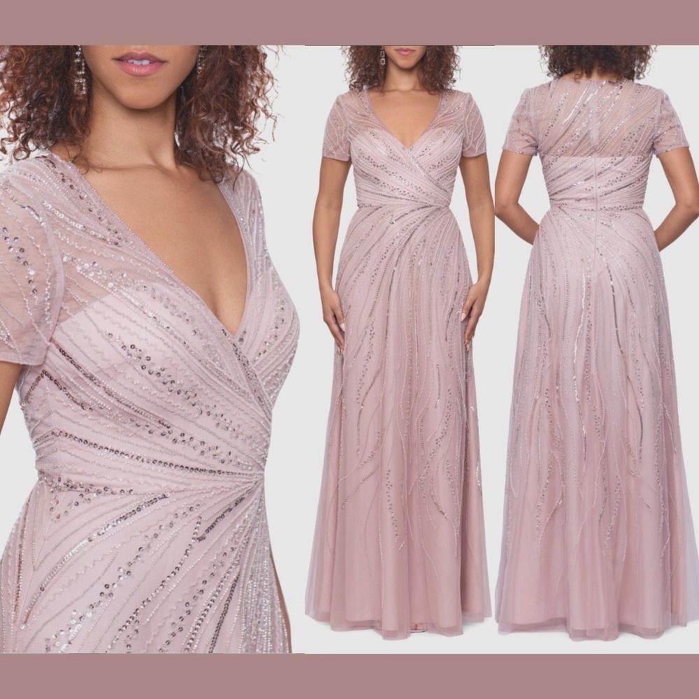NWT $379 Xscape‎ [ 6 ] V Neck Beaded Chiffon A Line Gown In Blush Pink #J1705